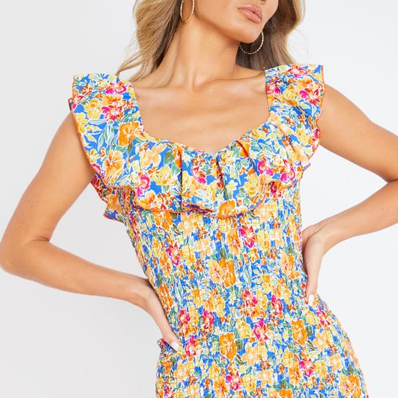 TERRIE MCEVOY BLUE FLORAL PRINT SHIRRED DRESS - Picture 2 of 4